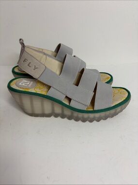 Fly London Sandals Gray Elastic Strap Wedge Platform Comfy Wedding Resortwear